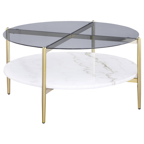 Welsh Round Glass Top Coffee Table White Marble Shelf GoldSmoke