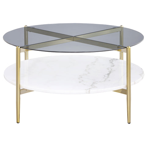Welsh Round Glass Top Coffee Table White Marble Shelf GoldSmoke
