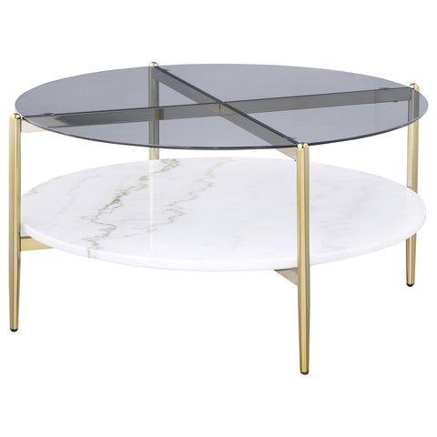 Welsh Round Glass Top Coffee Table White Marble Shelf GoldSmoke
