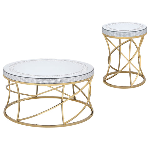 Guillen 2-piece Round Mirror Top Coffee and End Table Set Gold