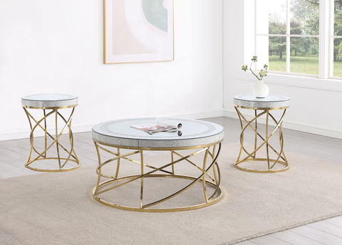 Guillen 3-piece Round Mirror Top Coffee and End Table Set Gold