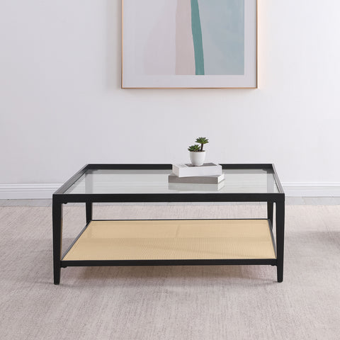 Sanger Glass Top Metal with Cane Shelf Coffee Table BlackBlack