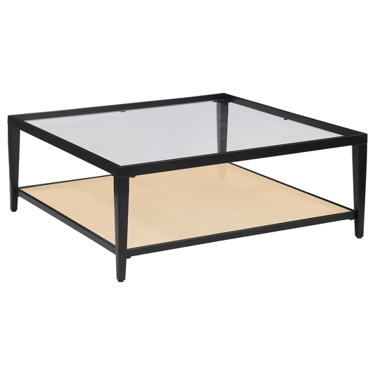 Sanger Glass Top Metal with Cane Shelf Coffee Table BlackBlack