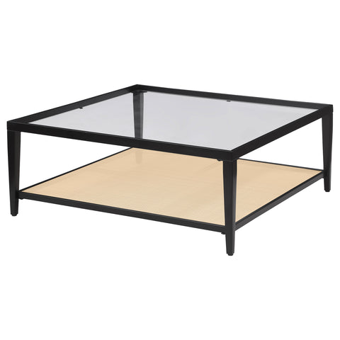 Sanger Glass Top Metal with Cane Shelf Coffee Table BlackBlack