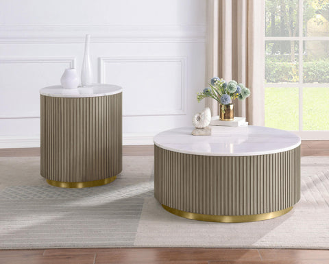 Gracemont Round White Marble Top Side End Table Greige