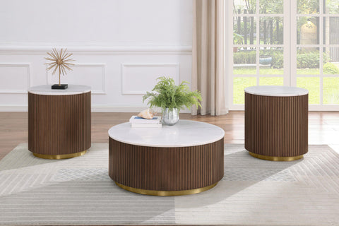 Gracemont Round White Marble Top Side End Table Honey Brown