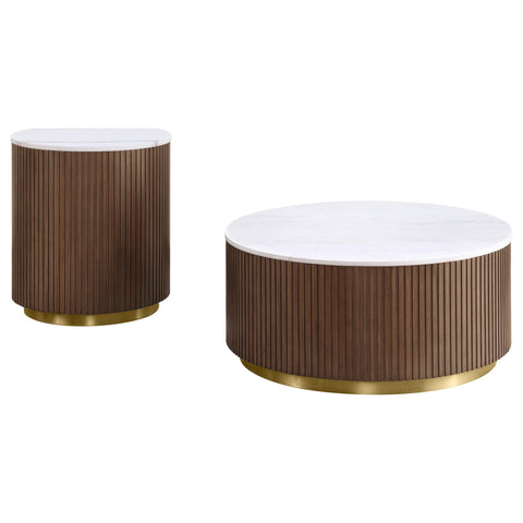 Gracemont 2-piece Round White Marble Coffee Table Set Honey Brown