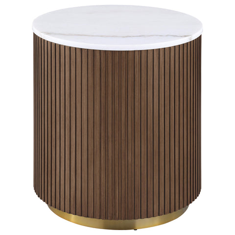Gracemont 2-piece Round White Marble Coffee Table Set Honey Brown
