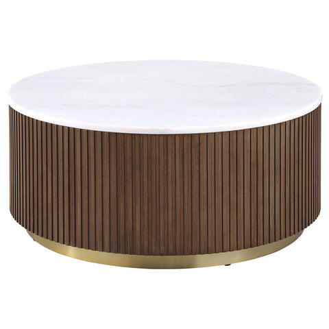 Gracemont 2-piece Round White Marble Coffee Table Set Honey Brown
