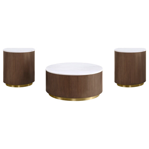 Gracemont 3-piece Round White Marble Coffee Table Set Honey Brown