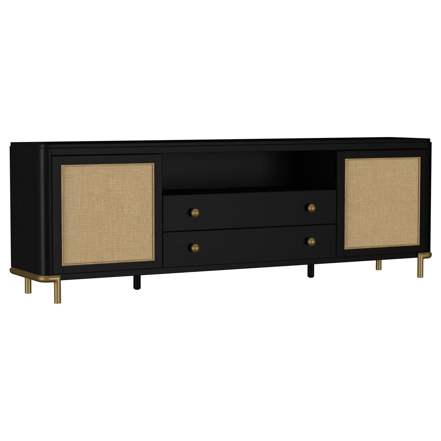 linnea rattan cane 2-door tv stand media console black
