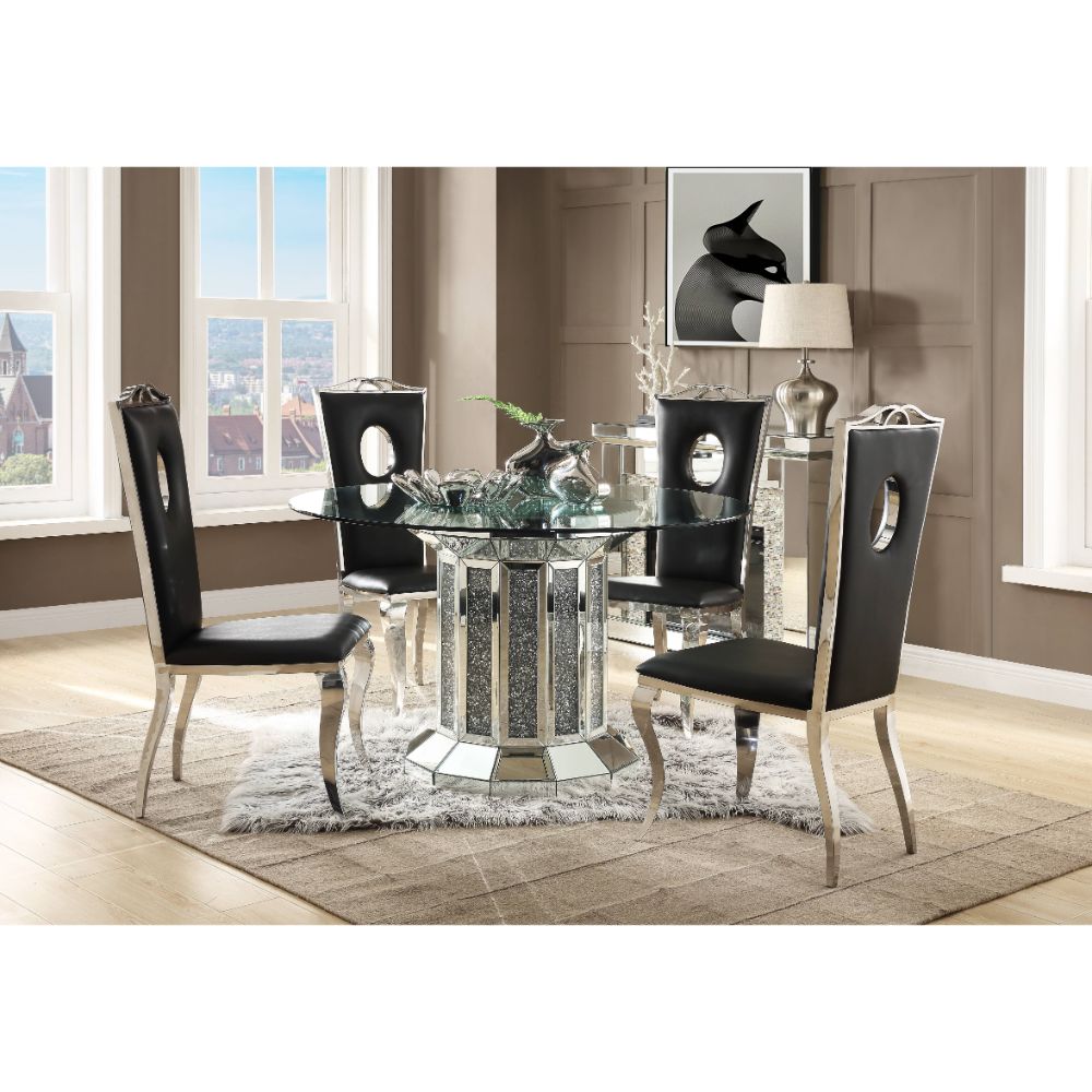 calan dining table, clear glass top & mirrored & faux diamonds