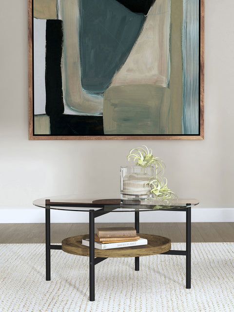 Benton Round Glass Top Coffee Table Black and BrownBrown