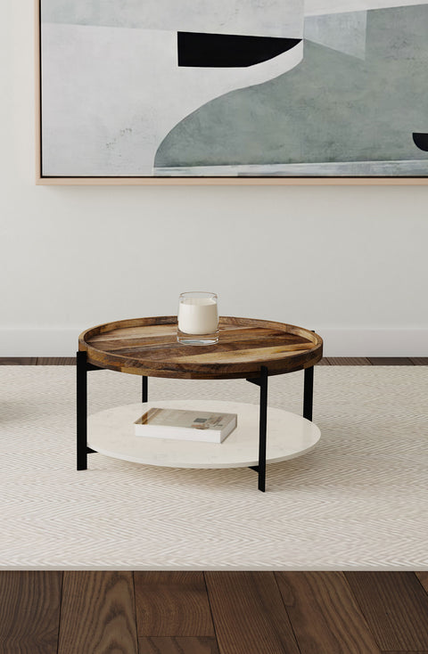 Stephie Round Wood Top Marble Shelf Coffee Table NaturalNatural / White