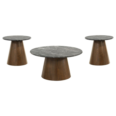 Goodson 3-piece Round Pedestal Coffee Table Set Grey and Dark Brown