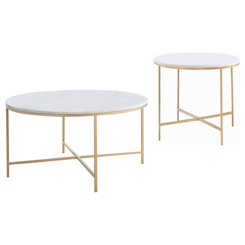 Fortress 2-piece Round Marble Coffee and End Table Set White