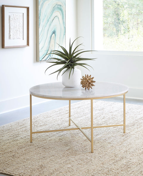 Coreosis Round Marble Top Coffee Table White and GoldWhite