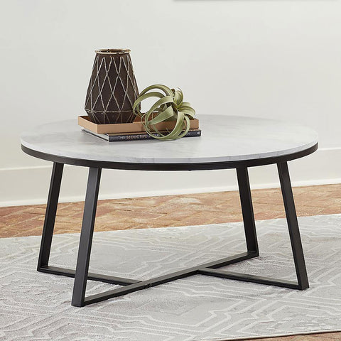 Cyclamen Round Faux Marble Coffee Table White and Matte BlackWhite Faux Marble