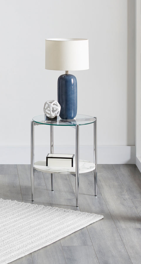 Glendora Round Glass Top End Table White and ChromeChrome