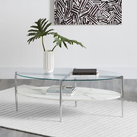 Glendora Oval Glass Top Coffee Table White and ChromeChrome