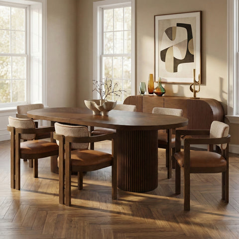 Willow 90" / 106.5" / 123" Brown Oak Wood Dining Table, 1 Piece