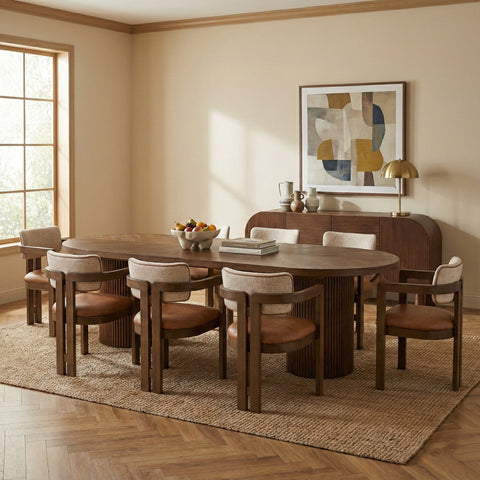 Willow 90" / 106.5" / 123" Brown Oak Wood Dining Table, 1 Piece