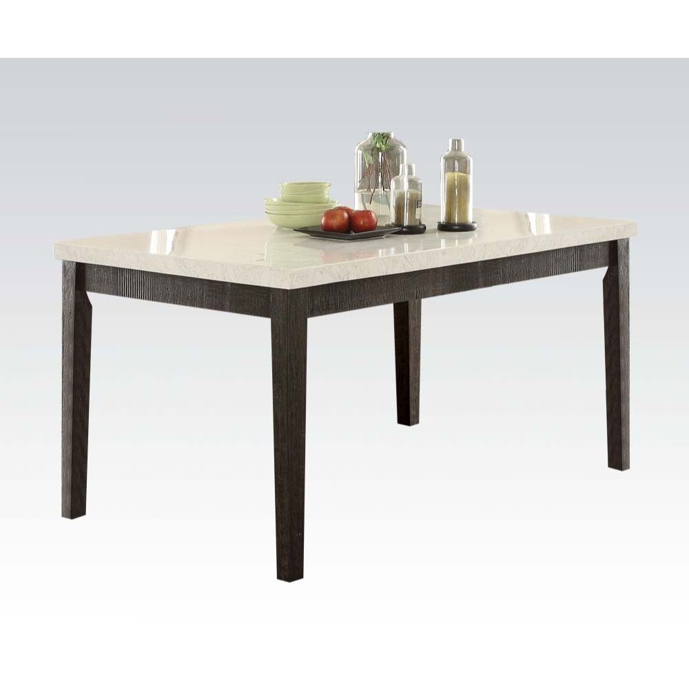 gamaliel dining table, white marble top & salvage dark oak finish