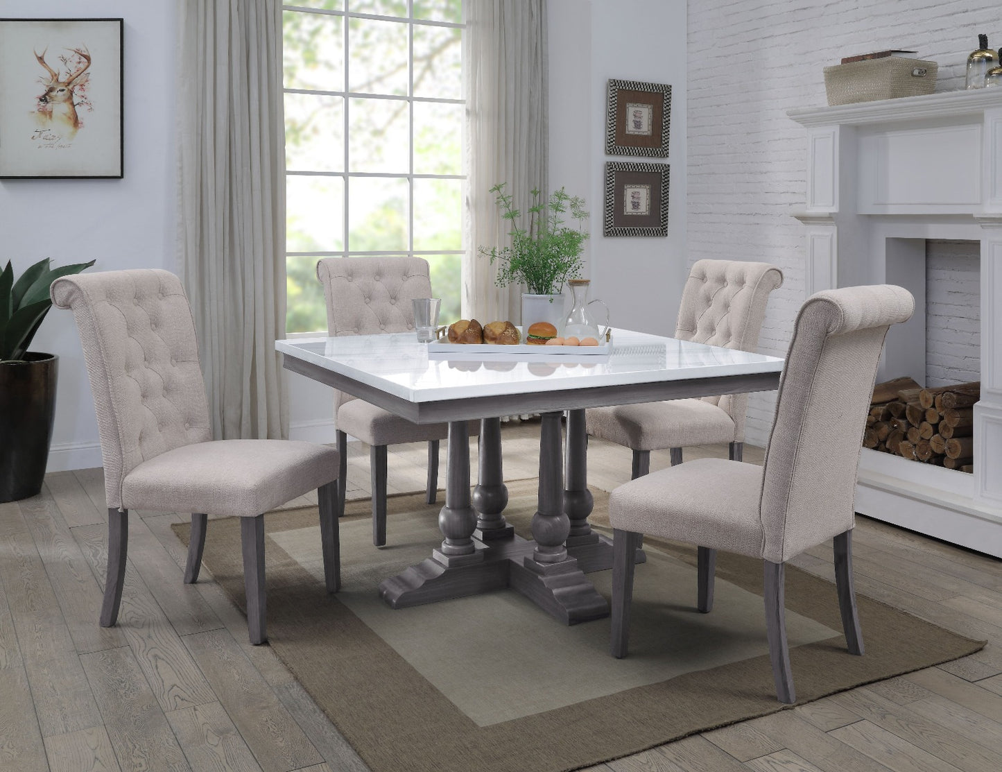 gerardo square dining table, marble top top & gray oak finish