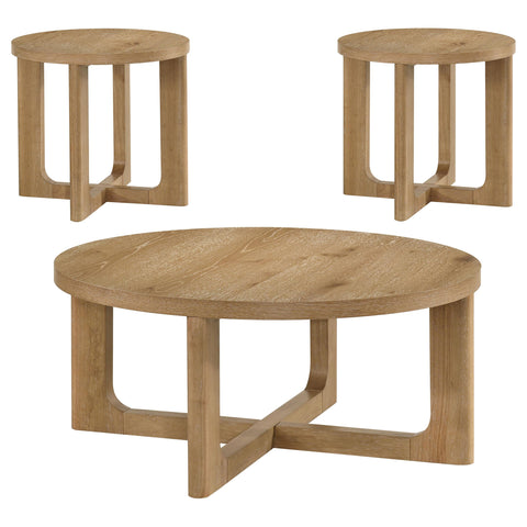 Leighton 3-piece Round Sculptural Wood Coffee Table Set Light Oak