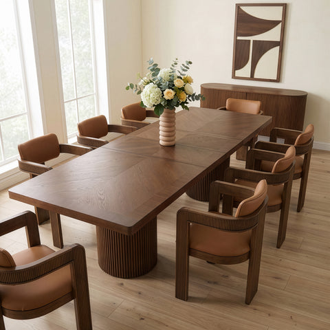 Willow 96" / 120" / 144" Brown Solid Wood And Oak Veneer Dining Table, 1 Piece