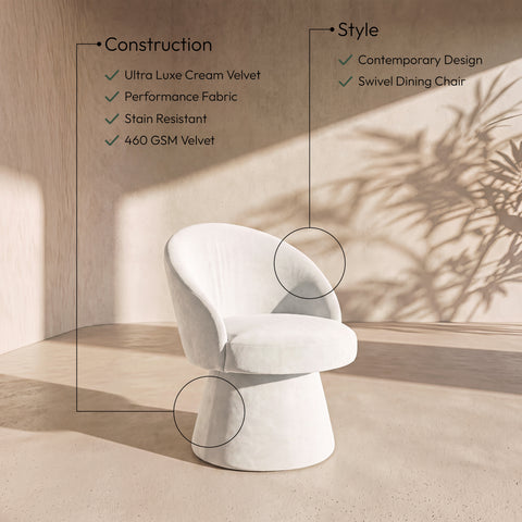 Marlow Cream Velvet Performance Fabric Upholstered Swivel Dining Chair, 1 Piece