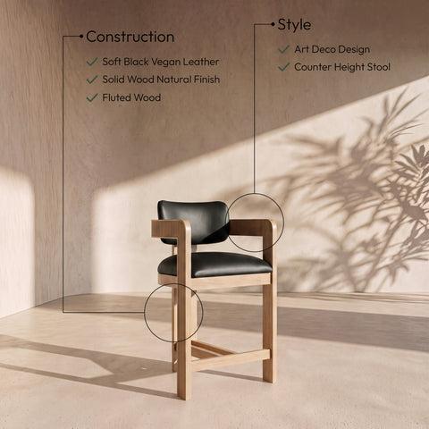 Amara Black Vegan Leather Upholstered Counter Stool, 1 Piece