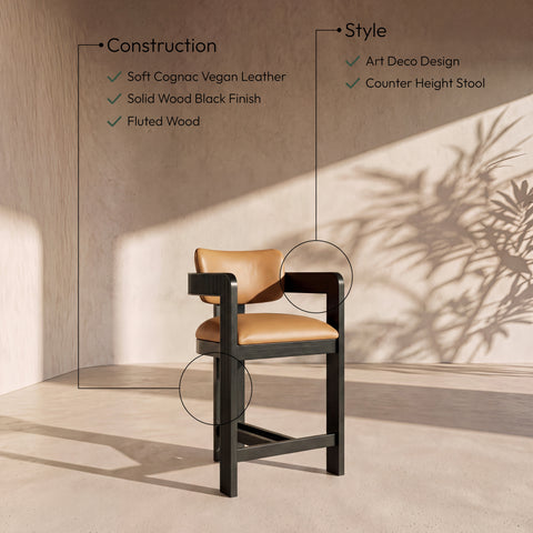 Amara Cognac Vegan Leather Upholstered Counter Stool, 1 Piece (Style 2)