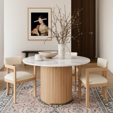 Piper 47" Natural Genuine Marble Top And Mango Wood Base Dining Table, 1 Piece