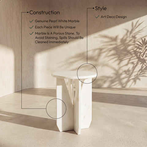 Camden White Genuine Marble End / Side Table, 1 Piece