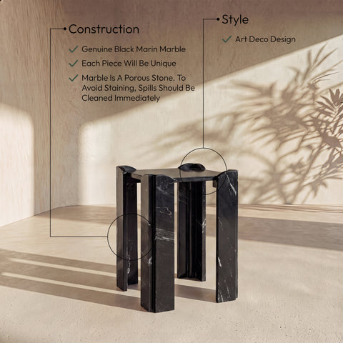 Briar Black Genuine Marble End / Side Table, 1 Piece