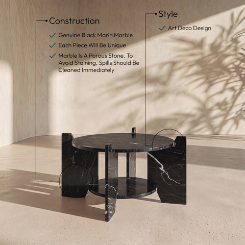 Emory Black Genuine Marble Coffee Table, 1 Piece
