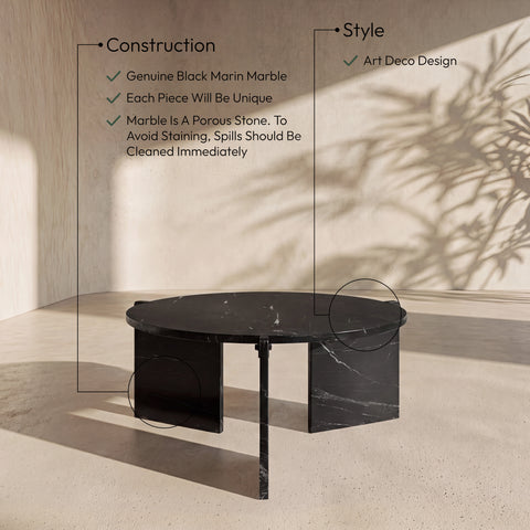 Harper Black Genuine Marble Coffee Table, 1 Piece