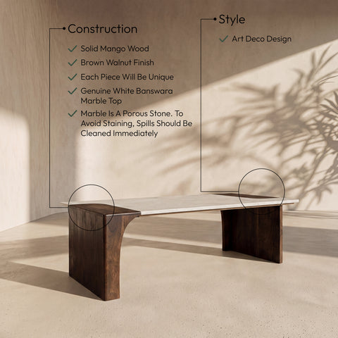 Selene White Genuine Marble And Mango Wood Coffee Table, 1 Piece