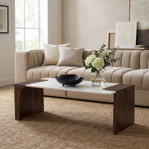 Selene White Genuine Marble And Mango Wood Coffee Table, 1 Piece