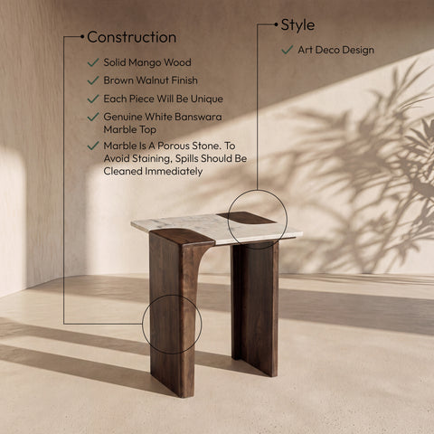 Selene White Genuine Marble And Mango Wood End / Side Table, 1 Piece