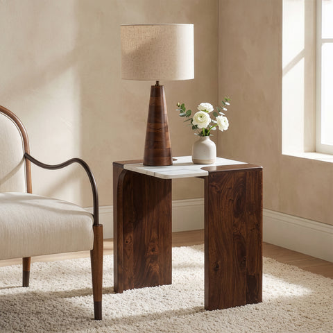 Selene White Genuine Marble And Mango Wood End / Side Table, 1 Piece