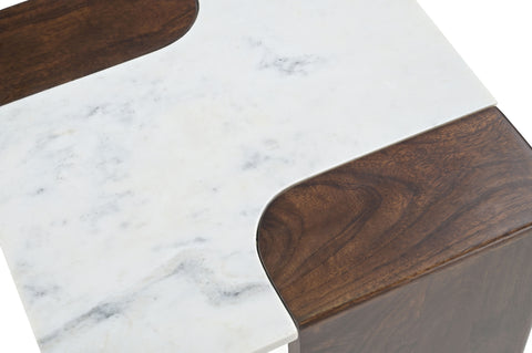 Selene White Genuine Marble And Mango Wood End / Side Table, 1 Piece