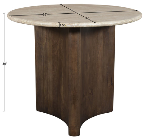 Nola 36" Brown Travertine And Mango Wood Dining Table, 1 Piece