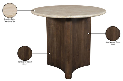 Nola 36" Brown Travertine And Mango Wood Dining Table, 1 Piece