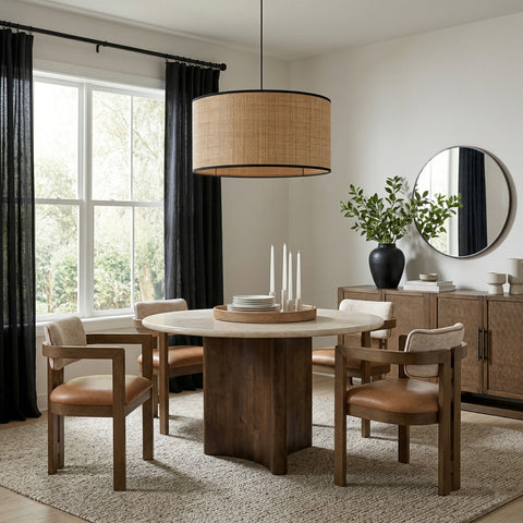 Nola 48" Brown Travertine And Mango Wood Dining Table, 1 Piece