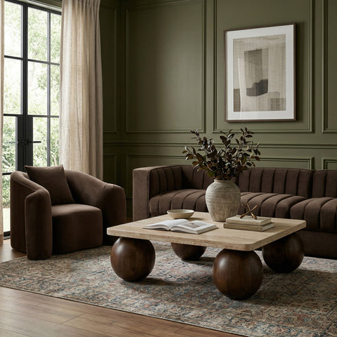 Yara Brown Travertine And Mango Wood Coffee Table, 1 Piece