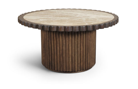 Sage Beige / Brown Genuine Marble And Mango Wood Coffee Table, 1 Piece