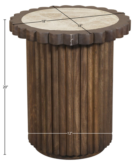 Sage Beige / Brown Genuine Marble And Mango Wood End Table, 1 Piece