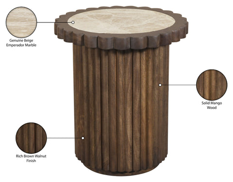 Sage Beige / Brown Genuine Marble And Mango Wood End Table, 1 Piece